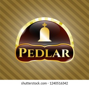  Gold badge or emblem with tombstone icon and Pedlar text inside