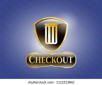   Gold badge or emblem with trash can icon and Checkout text inside