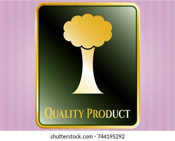  Gold badge or emblem with tree icon and Quality Product text inside