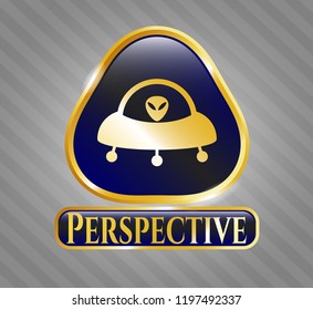  Gold badge or emblem with ufo with aline inside icon and Perspective text inside