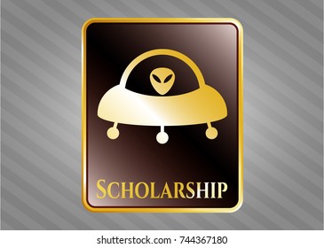  Gold badge or emblem with ufo with aline inside icon and Scholarship text inside