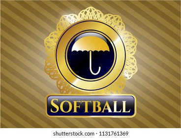  Gold badge or emblem with umbrella icon and Softball text inside