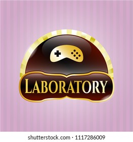  Gold badge or emblem with video game icon and Laboratory text inside