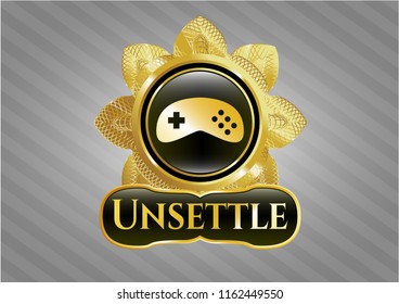  Gold badge or emblem with video game icon and Unsettle text inside