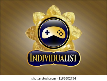  Gold badge or emblem with video game icon and Individualist text inside