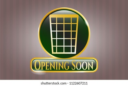 Gold badge or emblem with wastepaper basket icon and Opening Soon text inside