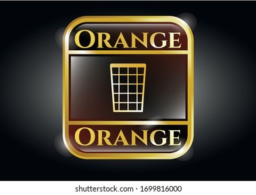  Gold badge or emblem with wastepaper basket icon and Orange text inside
