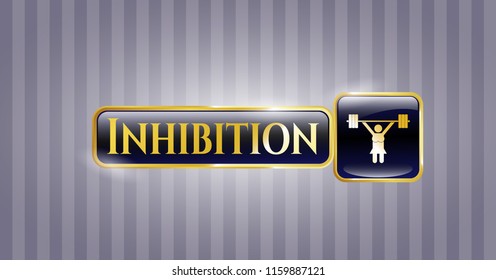  Gold badge or emblem with weightlifter girl icon and Inhibition text inside