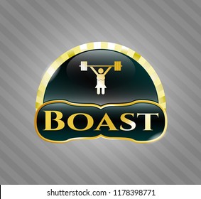  Gold badge or emblem with weightlifter girl icon and Boast text inside