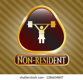  Gold badge or emblem with weightlifter girl icon and Non-resident text inside
