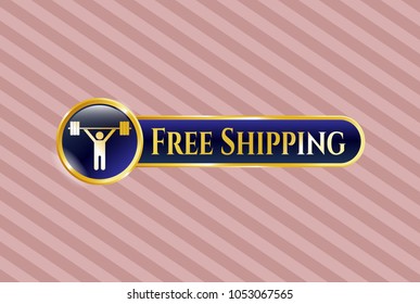  Gold badge or emblem with weightlifting icon and Free Shipping text inside