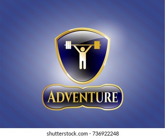  Gold badge or emblem with weightlifting icon and Adventure text inside