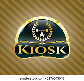  Gold badge or emblem with weightlifting inside of crown icon and Kiosk text inside
