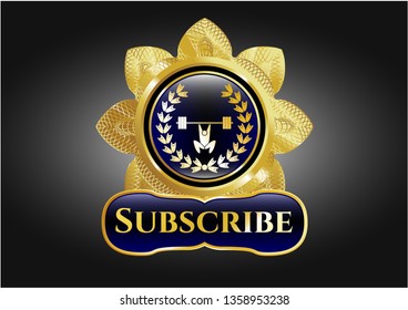  Gold badge or emblem with weightlifting inside of crown icon and Subscribe text inside