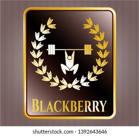  Gold badge or emblem with weightlifting inside of crown icon and Blackberry text inside