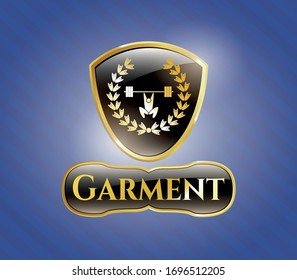  Gold badge or emblem with weightlifting inside of crown icon and Garment text inside
