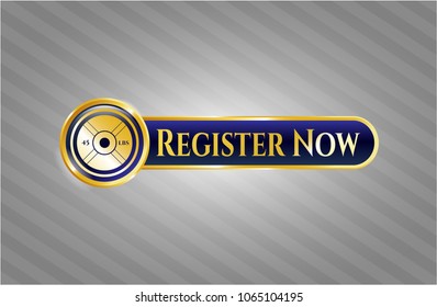  Gold badge or emblem with weightlifting or powerlifting plate (45 lbs) icon and Register Now text inside