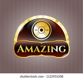  Gold badge or emblem with weightlifting or powerlifting plate (45 lbs) icon and Amazing text inside