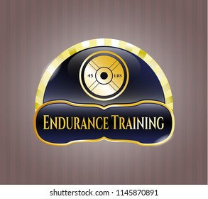  Gold badge or emblem with weightlifting or powerlifting plate (45 lbs) icon and Endurance Training text inside