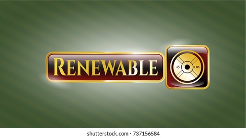  Gold badge or emblem with weightlifting or powerlifting plate (45 lbs) icon and Renewable text inside