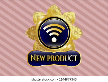  Gold badge or emblem with wifi signal icon and New Product text inside