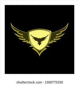 gold badge or emblem with wings on black background.