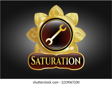  Gold badge or emblem with wrench icon and Saturation text inside