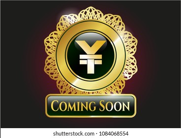  Gold badge or emblem with yuan icon and Coming Soon text inside