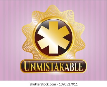  Gold badge with emergency cross icon and Unmistakable text inside