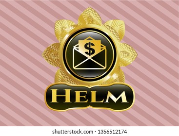  Gold badge with envelope with paper with money symbol inside icon and Helm text inside