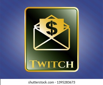  Gold badge with envelope with paper with money symbol inside icon and Twitch text inside