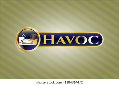  Gold badge with fast food icon and Havoc text inside