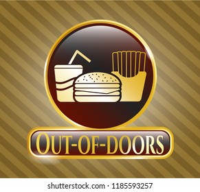  Gold badge with fast food icon and Out-of-doors text inside