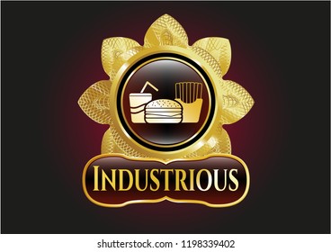  Gold badge with fast food icon and Industrious text inside