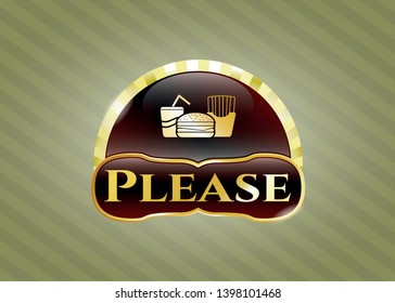  Gold badge with fast food icon and Please text inside