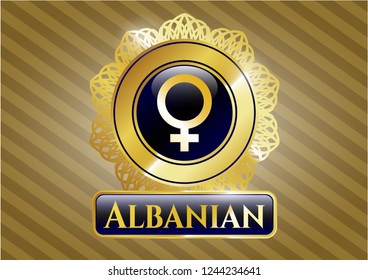  Gold badge with female icon and Albanian text inside