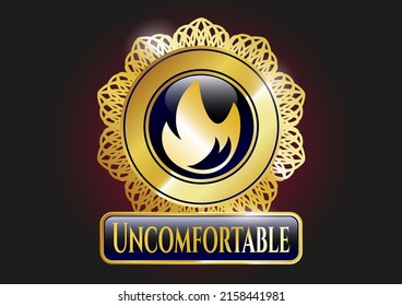 Goldenes Badge mit Feuersymbol und unangenehmer Text im Inneren