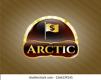  Gold badge with flag with money symbol inside icon and Arctic text inside