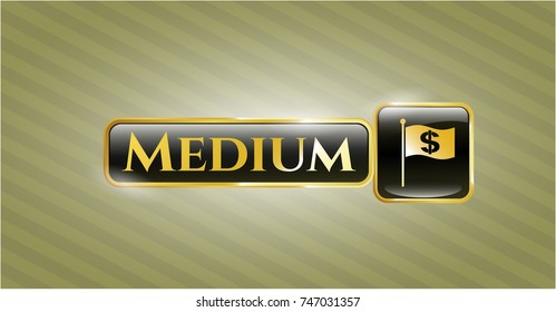  Gold badge with flag with money symbol inside icon and Medium text inside