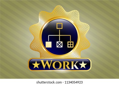  Gold badge with flowchart icon and Work text inside