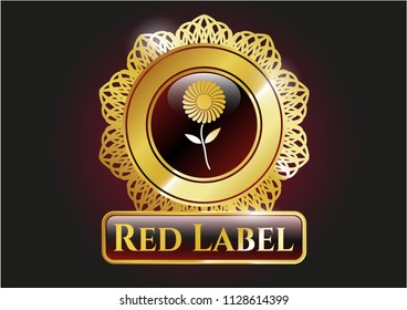  Gold badge with flower icon and Red Label text inside