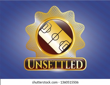  Gold badge with football field icon and Unsettled text inside