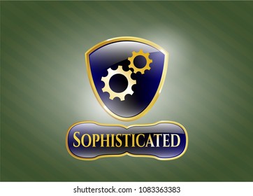  Gold badge with gear, team work icon and Sophisticated text inside