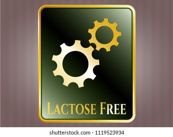 Gold badge with gear, team work icon and Lactose Free text inside