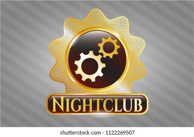  Gold badge with gear, team work icon and Nightclub text inside