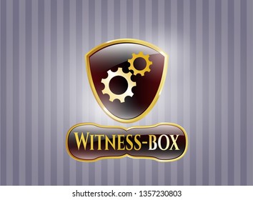  Gold badge with gear, team work icon and Witness-box text inside