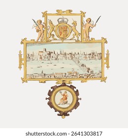 Gold badge geography illustration isolated on white, vector. 
