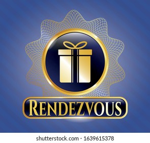  Gold badge with gift box icon and Rendezvous text inside
