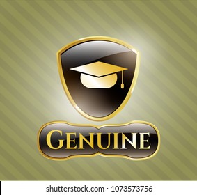   Gold badge with graduation cap icon and Genuine text inside