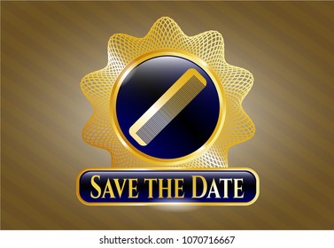   Gold badge with hair comb icon and Save the Date text inside